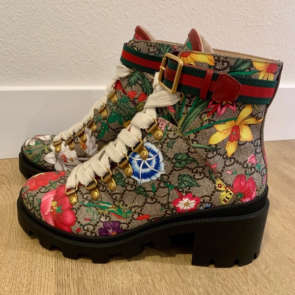 Authentic Gucci Supreme GG Monogram Flora Lace Up Combat Ankle Boots |Sz 38| - Picture 4 of 12